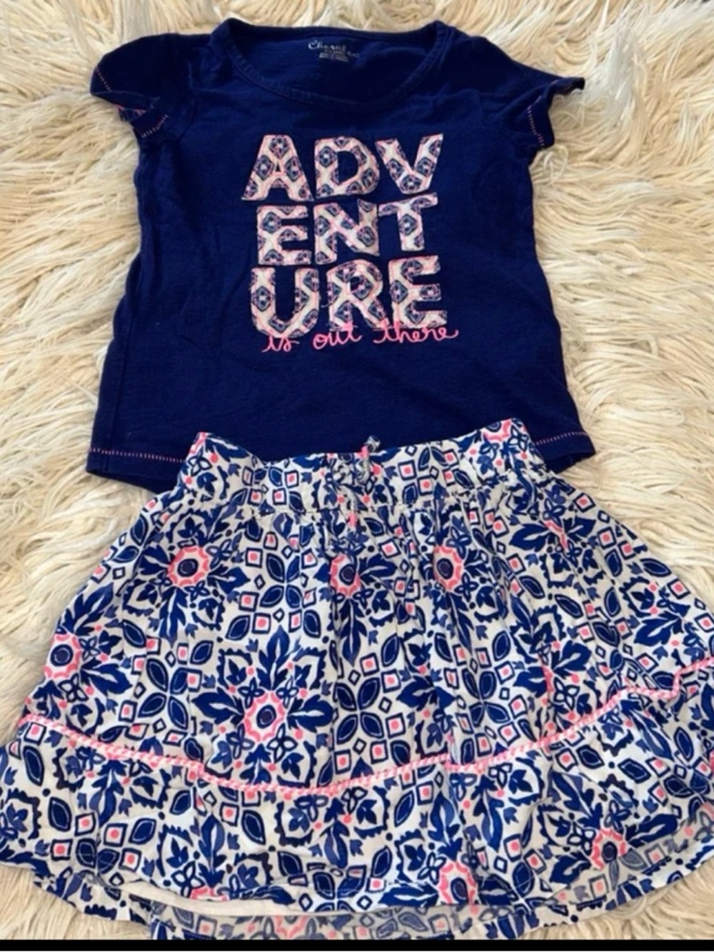 Cherokee girls size 4/5 Navy 'Adventure is out there' Tee & Floral Skirt Set
